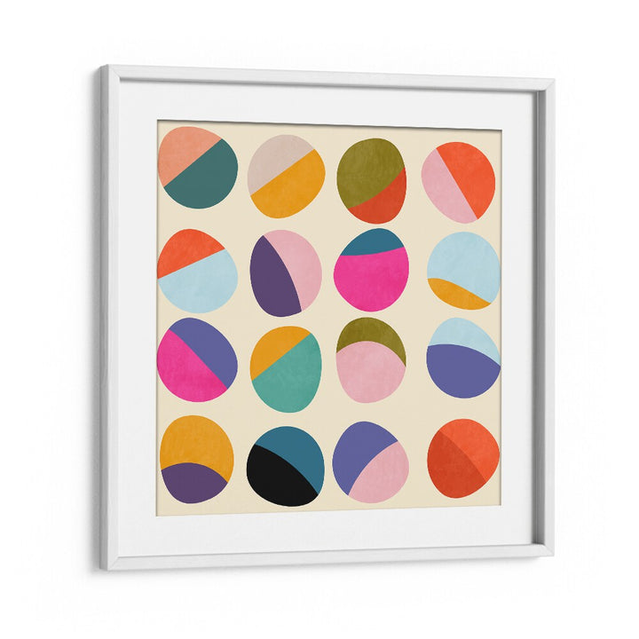 Colorful geometric design of PATTERN III MID BUNT VI KOPIE, ABSTRACT PAINTINGS by Ana Rut Bre in a white frame.