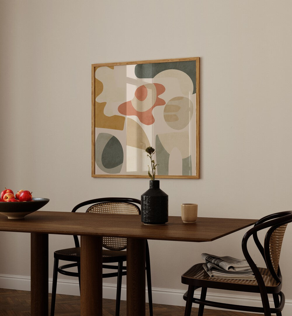 Stylish dining space featuring PATTERN III MID EARTH III, ABSTRACT PAINTINGS by Ana Rut Bre, enhancing modern decor.