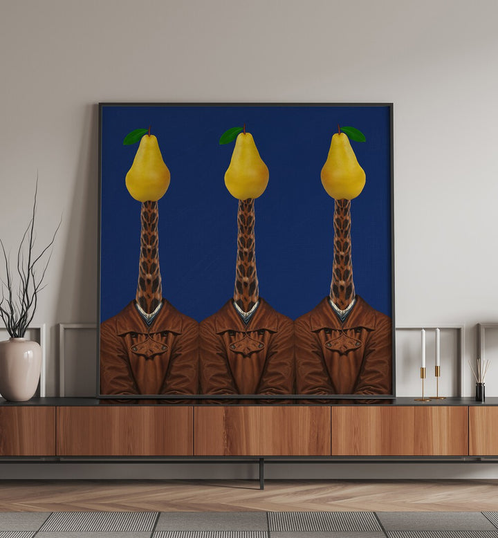 Surreal art print featuring giraffes in jackets topped with pears, showcasing PEARS GIRAFFES JACKETS, SURREAL ART PRINTS.