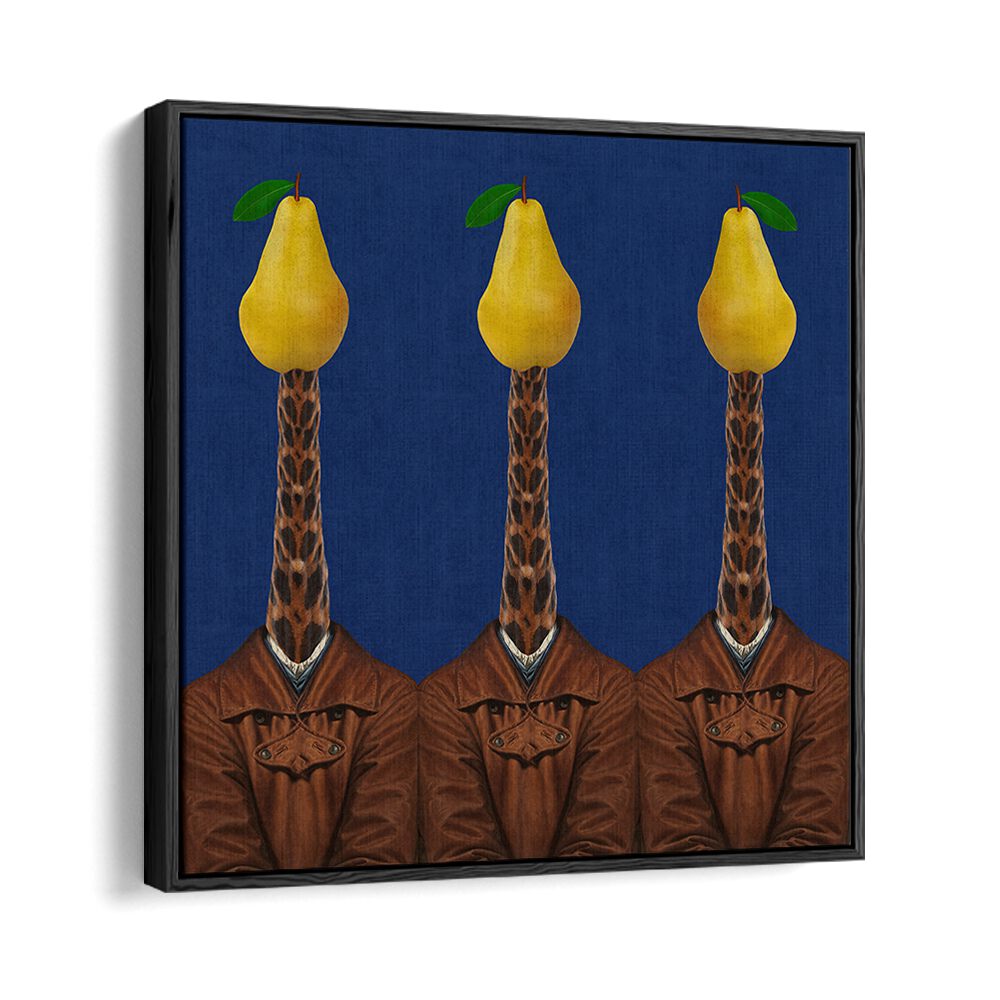 Surreal art print featuring giraffes in jackets with pears, perfect for unique decor. PEARS GIRAFFES JACKETS, SURREAL ART PRINTS.