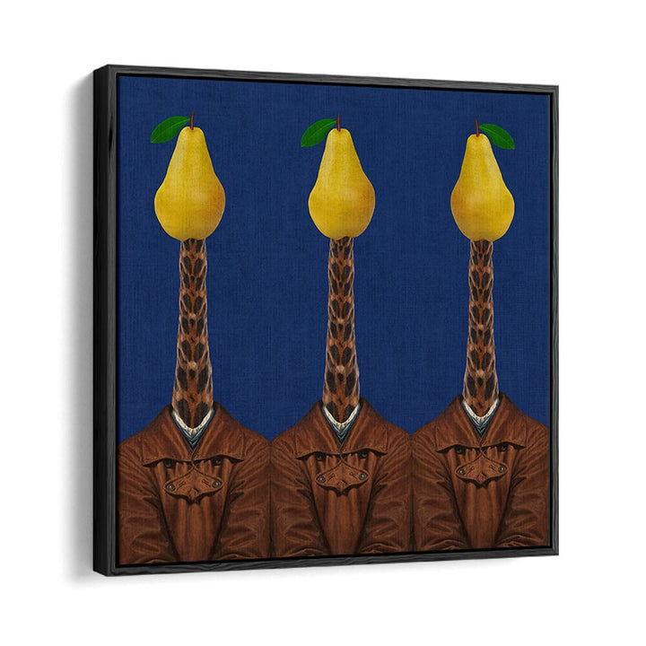 Surreal art print featuring giraffes in jackets with pears, perfect for unique decor. PEARS GIRAFFES JACKETS, SURREAL ART PRINTS.