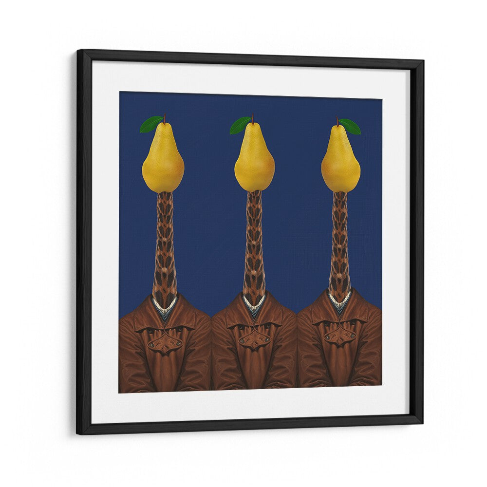 Surreal art prints featuring giraffes in jackets and pears, perfect for unique decor enthusiasts. PEARS GIRAFFES JACKETS.