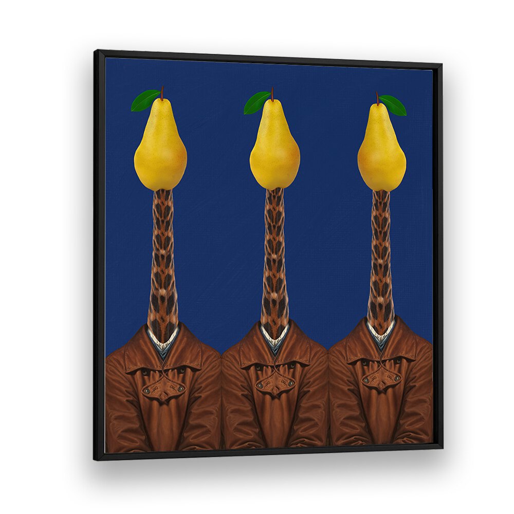 Surreal art prints featuring giraffes wearing jackets topped with pears, perfect for unique decor. PEARS GIRAFFES JACKETS.