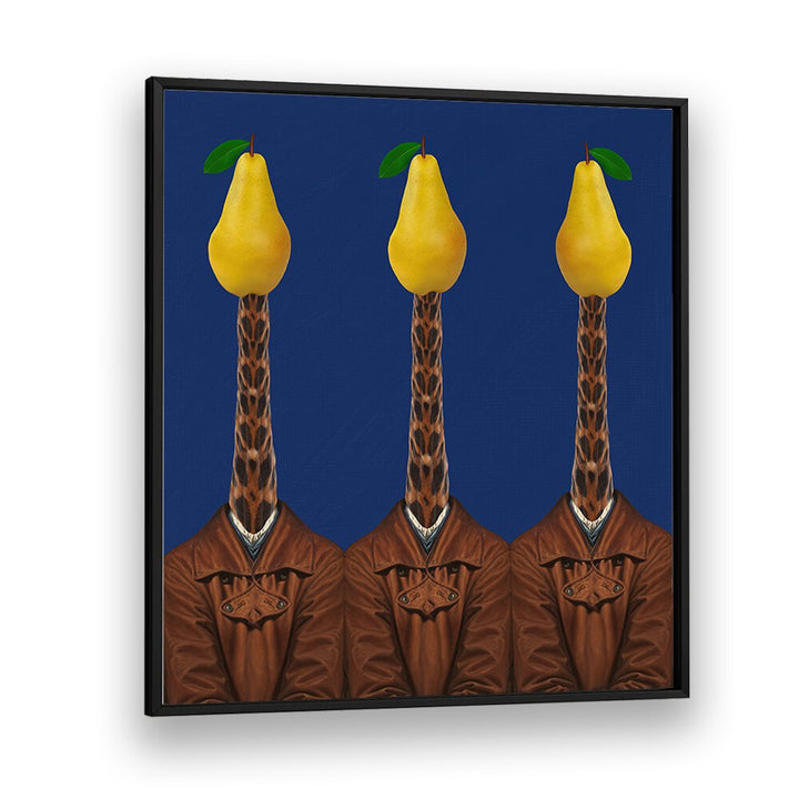 Surreal art prints featuring giraffes wearing jackets topped with pears, perfect for unique decor. PEARS GIRAFFES JACKETS.
