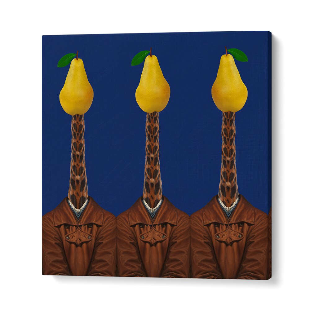 Surreal art prints featuring giraffes with pears and jackets, perfect for creative decor. PEARS GIRAFFES JACKETS.