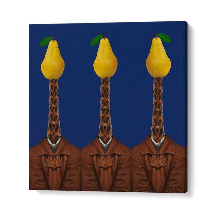 Surreal art prints featuring giraffes with pears and jackets, perfect for creative decor. PEARS GIRAFFES JACKETS.
