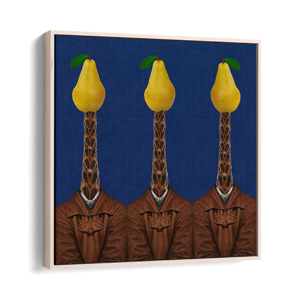 Surreal art prints featuring giraffes in jackets with pears, perfect for imagination lovers. PEARS GIRAFFES JACKETS.