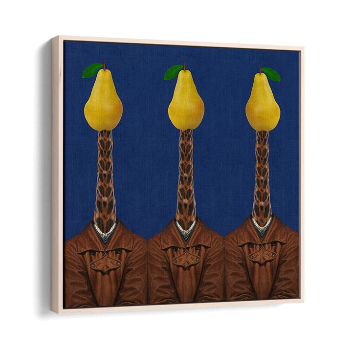 Surreal art prints featuring giraffes in jackets with pears, perfect for imagination lovers. PEARS GIRAFFES JACKETS.