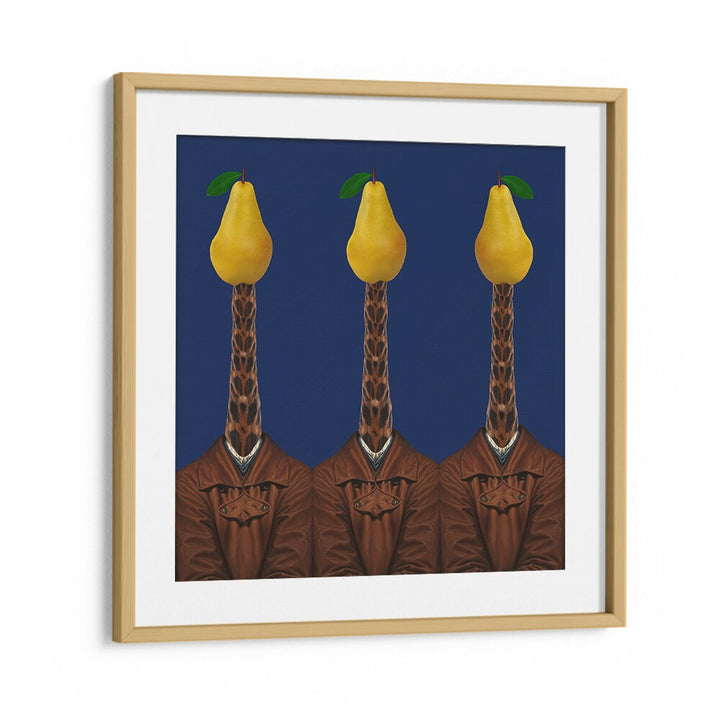 Surreal art prints featuring giraffes in jackets with pears, perfect for unique decor from creative collections.