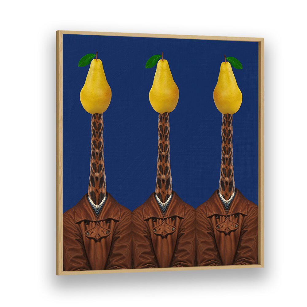 Surreal art print featuring giraffes wearing jackets topped with pears, titled PEARS GIRAFFES JACKETS, SURREAL ART PRINTS.