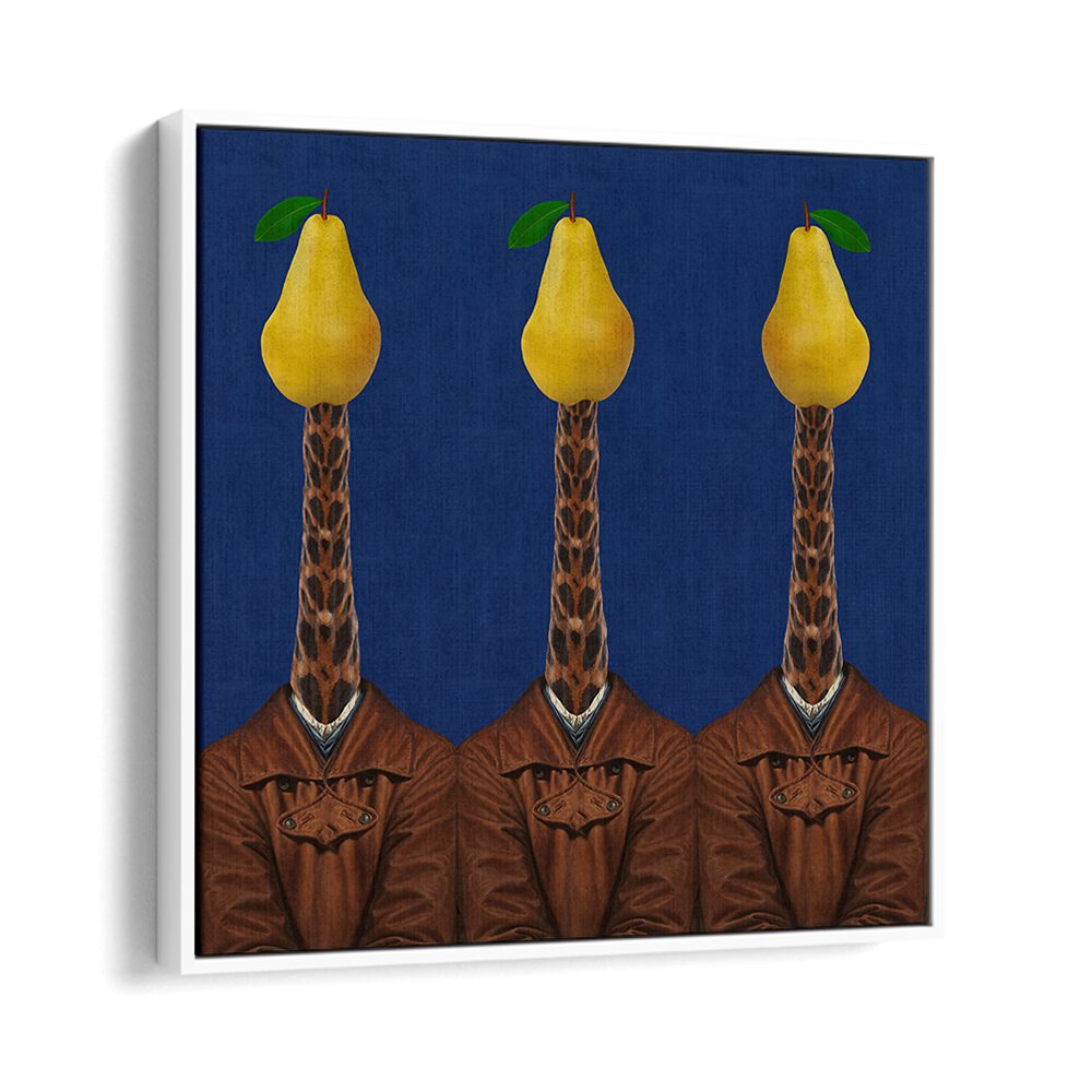 Surreal art prints featuring giraffes in jackets with pears, perfect for adding unique charm to any space. PEARS GIRAFFES JACKETS.