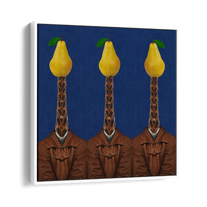 Surreal art prints featuring giraffes in jackets with pears, perfect for adding unique charm to any space. PEARS GIRAFFES JACKETS.