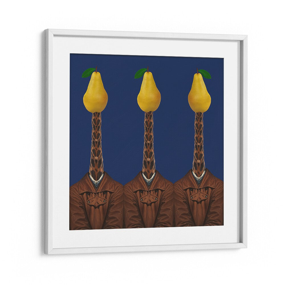 Surreal art print featuring giraffes in jackets with pears on their heads, titled "PEARS GIRAFFES JACKETS, SURREAL ART PRINTS."