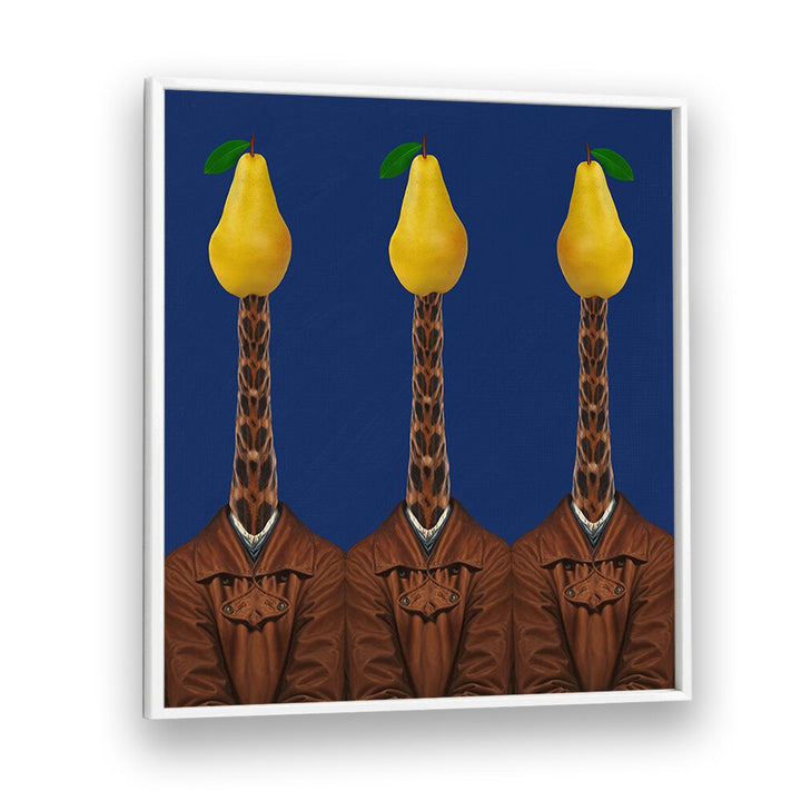 Surreal art print featuring giraffes in jackets topped with pears, perfect for fans of PEARS GIRAFFES JACKETS, SURREAL ART PRINTS.