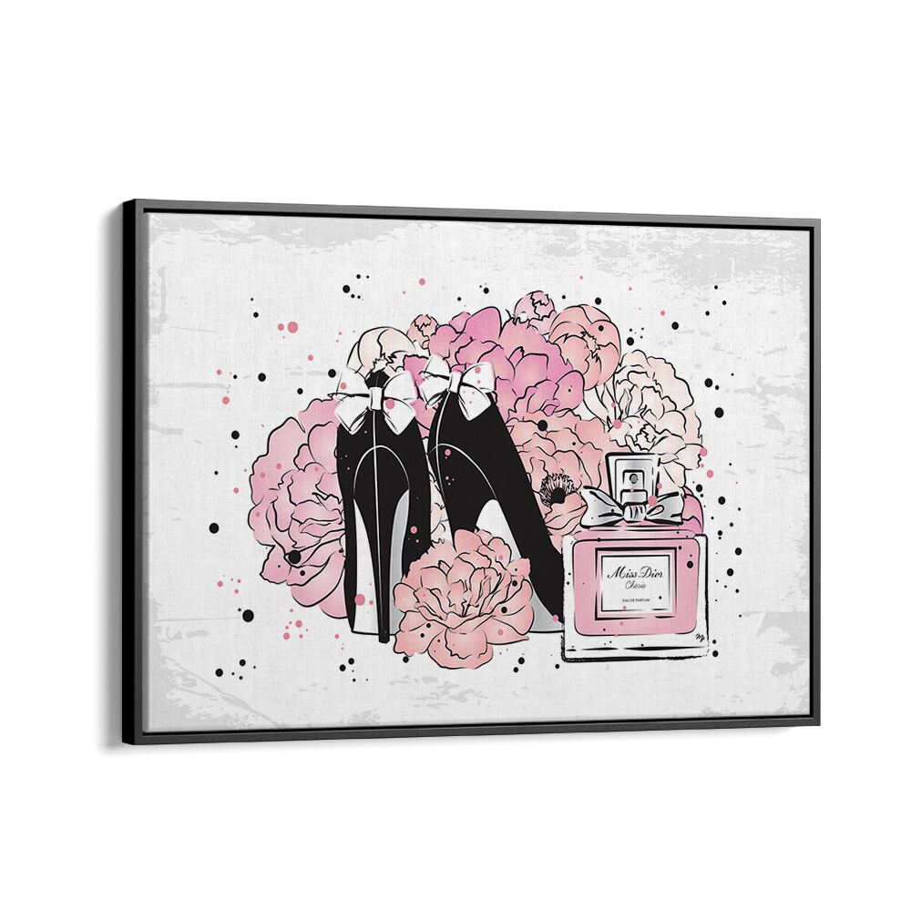 Elegant PEONY FASHION, FASHION POSTERS artwork featuring stylish shoes and perfume, perfect for chic home decor.