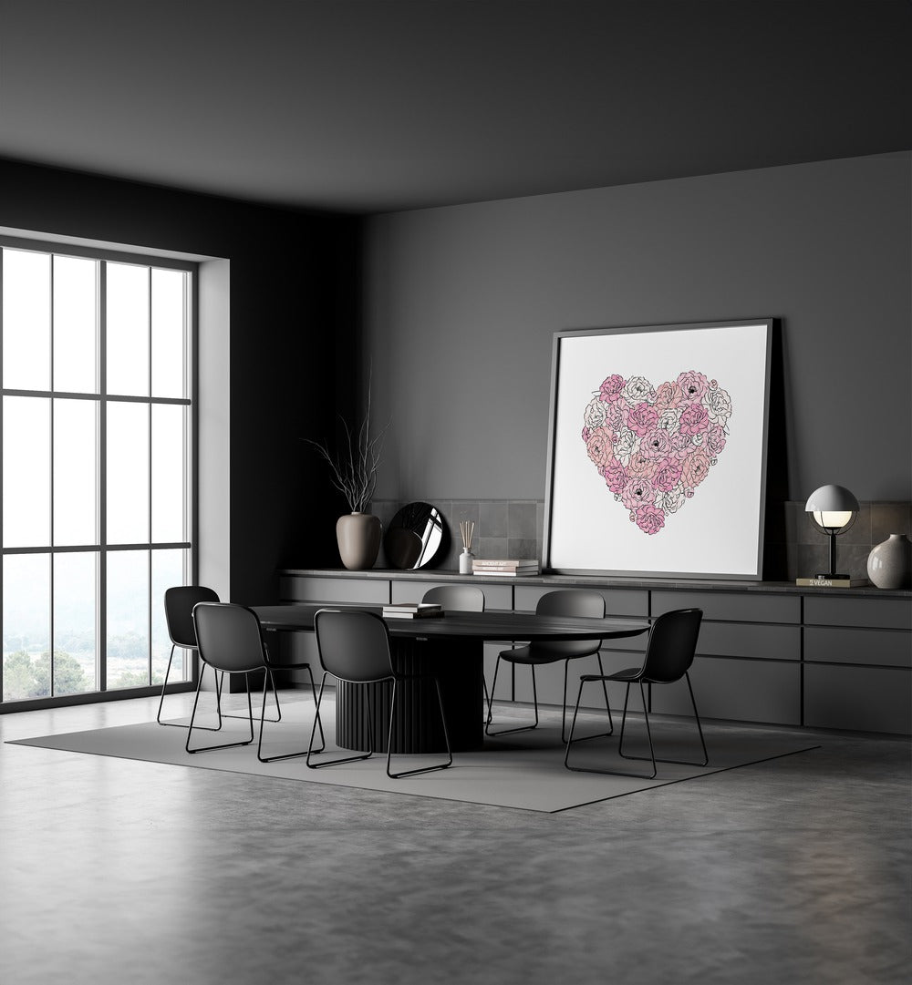 Stylish PEONY HEART, FASHION POSTERS by Martina adorn a modern dining space with elegance and charm.