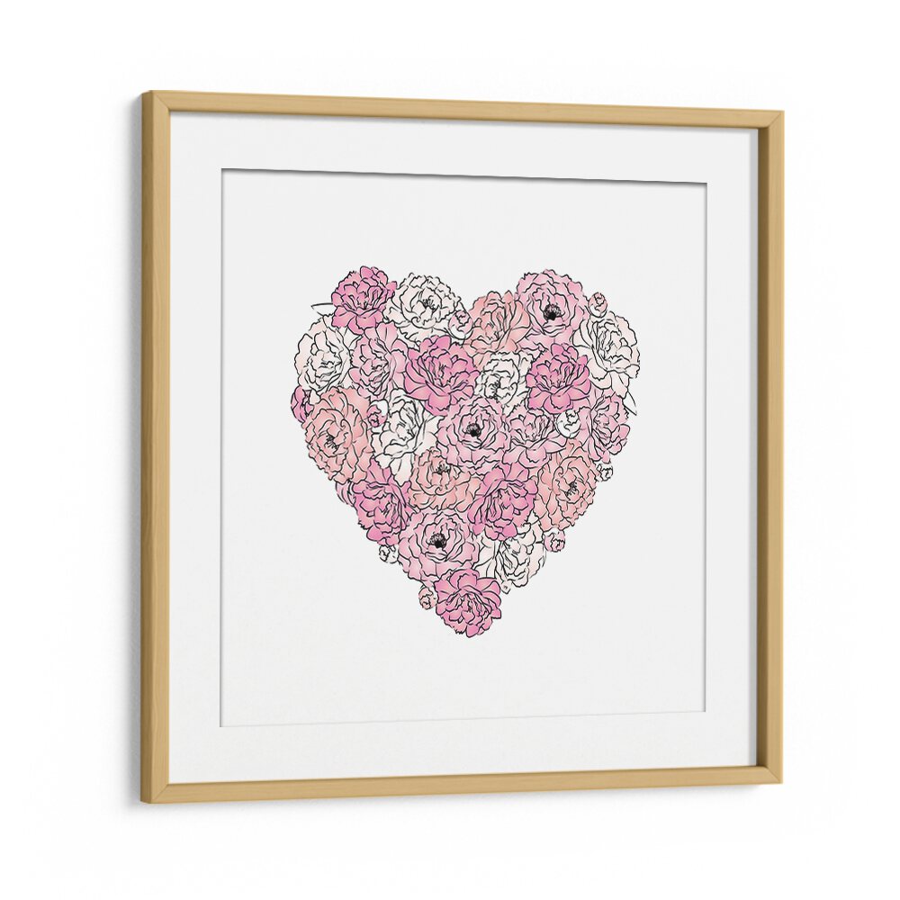 Elegant PEONY HEART fashion posters by Martina, showcasing a floral heart design in a chic oak frame. Perfect for home decor.
