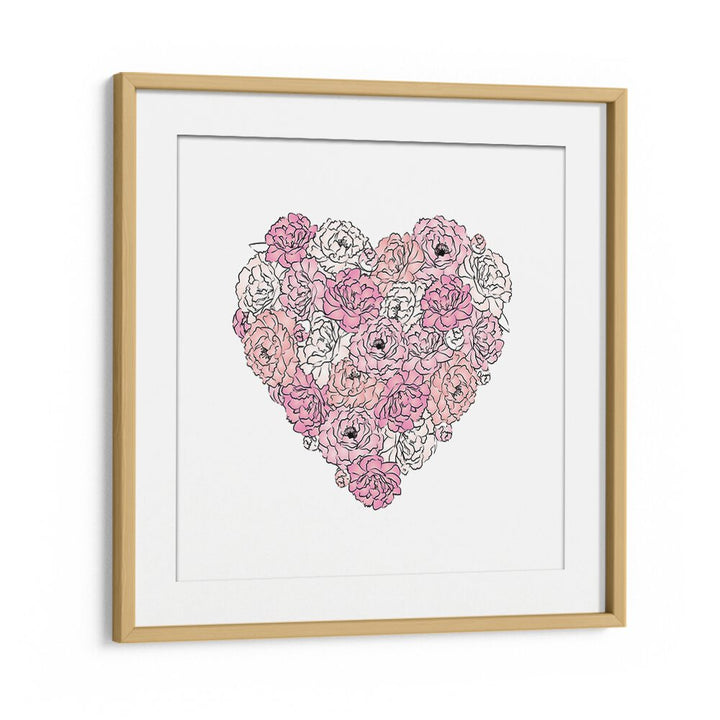 Elegant PEONY HEART fashion posters by Martina, showcasing a floral heart design in a chic oak frame. Perfect for home decor.