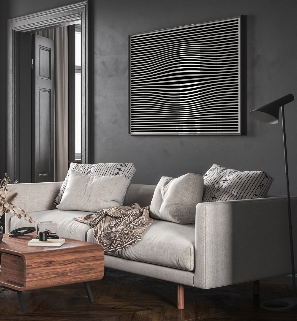 Stylish living room featuring PERCEPTIVE PHANTASMAGORIA, ABSTRACT PAINTINGS by Preayna, enhancing modern decor.