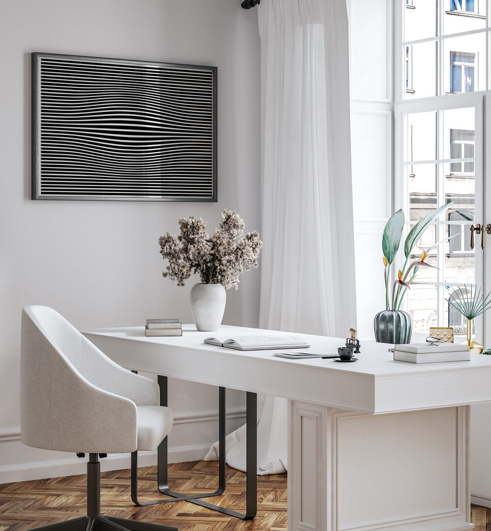 Perceptive Phantasmagoria, abstract paintings by Preayna, enhance any office with captivating visual depth.