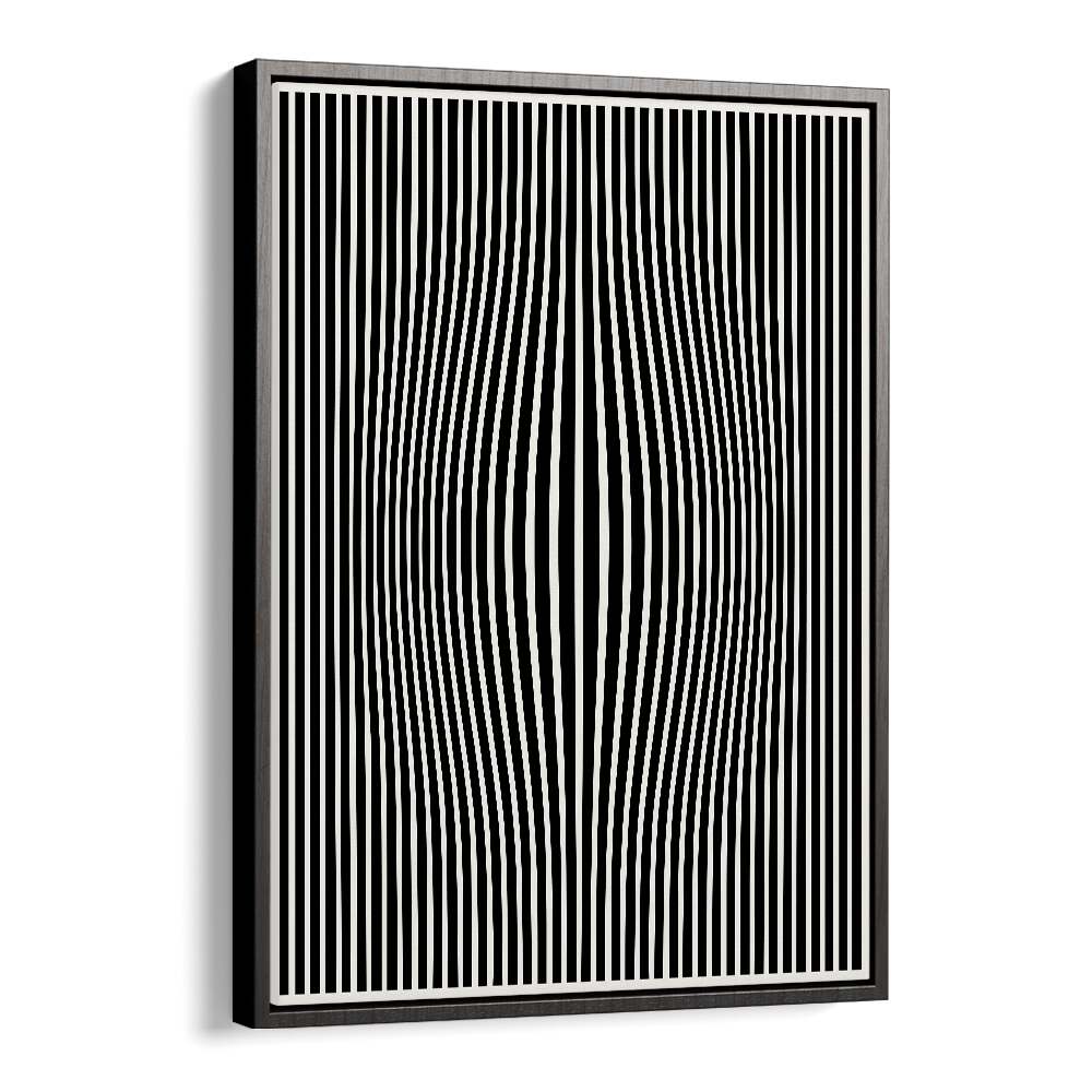 Perceptive Phantasmagoria, abstract paintings by Preayna, showcase striking black and white patterns in a floater frame.