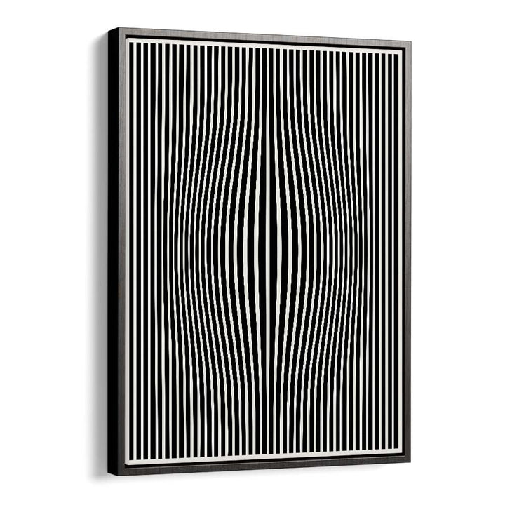 Perceptive Phantasmagoria, abstract paintings by Preayna, showcase striking black and white patterns in a floater frame.