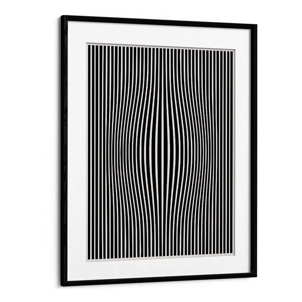 Stylish PERCEPTIVE PHANTASMAGORIA, ABSTRACT PAINTINGS by Preayna, featuring striking black and white lines in a frame.