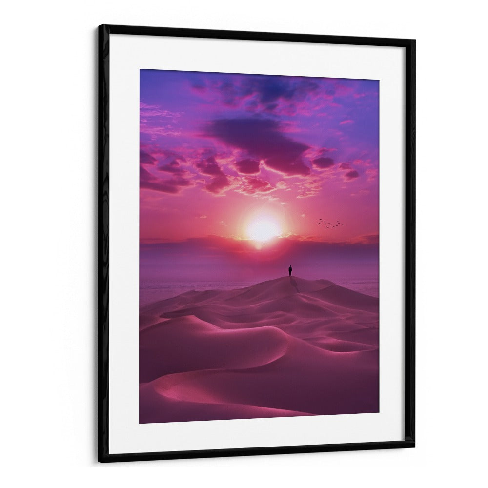 Experience tranquility with PERFECT SUNRISE, SURREAL ART PRINTS by Ritvik Takkar, featuring vibrant desert hues.