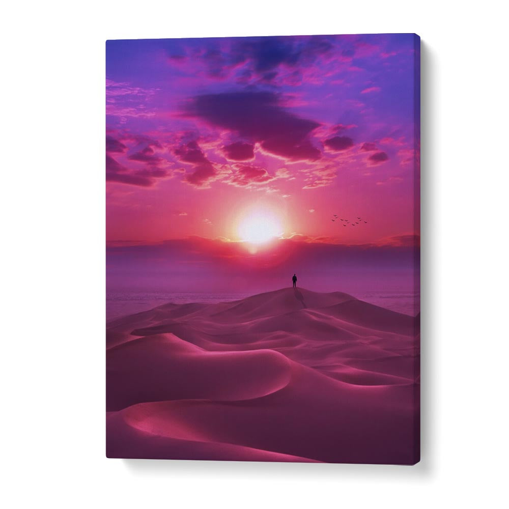 Vibrant pink and purple hues in the "PERFECT SUNRISE, SURREAL ART PRINTS" capture a dreamlike desert landscape.