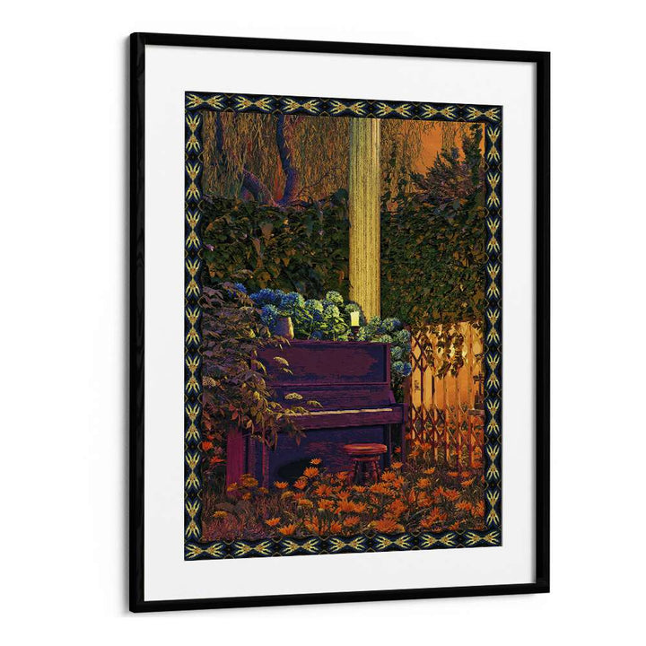 Surreal art print "PIANO IN FOREST" by Cosmo Zach, blending nature and music in vibrant colors. Perfect for your home.