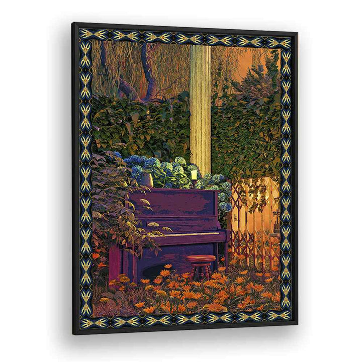 Surreal art print "PIANO IN FOREST" by Cosmo Zach, featuring a piano surrounded by vibrant nature. Perfect for home decor.