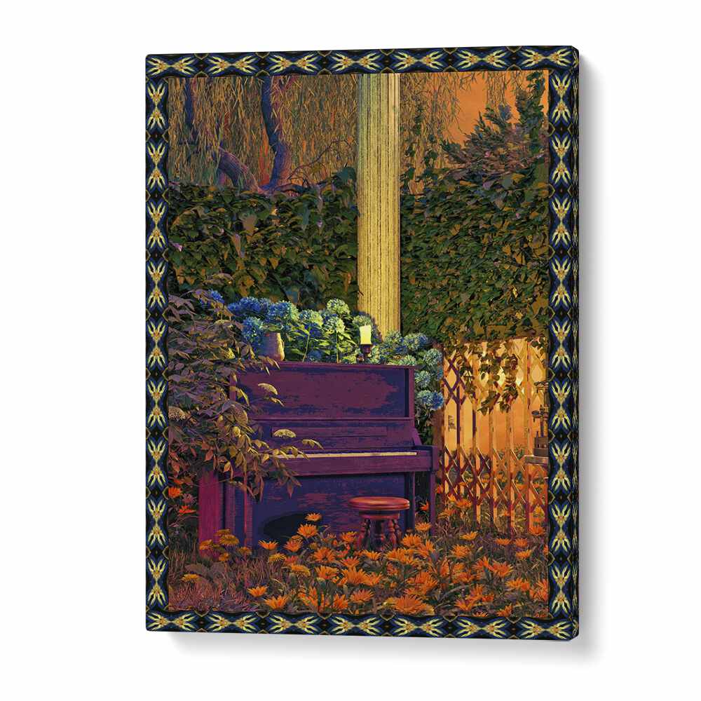 Surreal art prints featuring a piano nestled in a vibrant forest, designed by Cosmo Zach for a unique home decor.