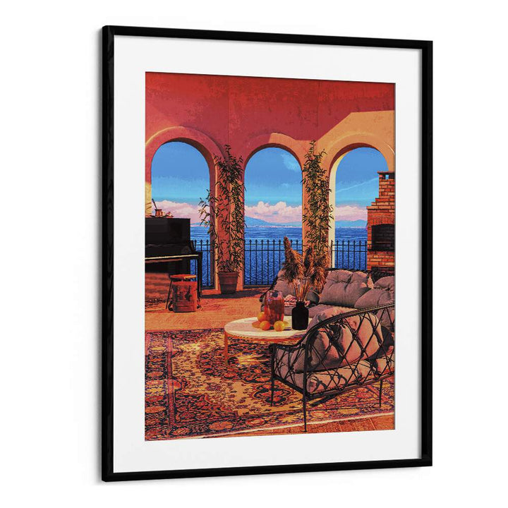 Transform your space with PIANO TERRACE, SURREAL ART PRINTS by Cosmo Zach, featuring stunning surrealism in a black frame.