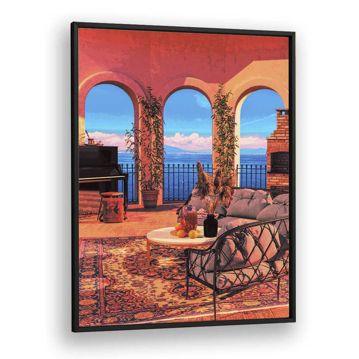 Explore the enchanting "PIANO TERRACE, SURREAL ART PRINTS" by Cosmo Zach, blending surrealism with elegant design.