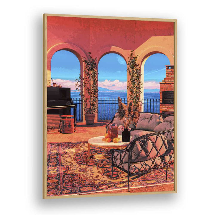 Vibrant "PIANO TERRACE, SURREAL ART PRINTS" by Cosmo Zach brings a touch of surreal elegance to your space.