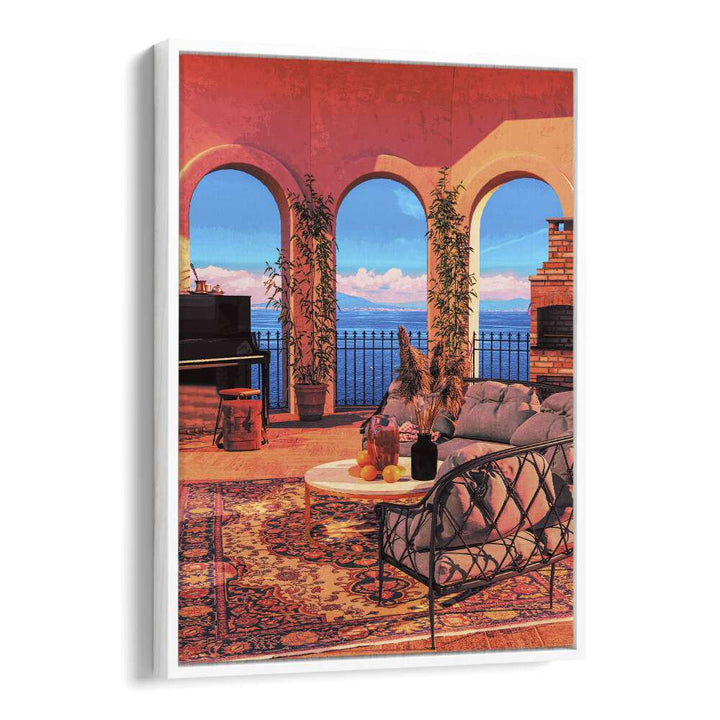 Experience the charm of "PIANO TERRACE, SURREAL ART PRINTS" by Cosmo Zach, enhancing any space with surreal elegance.