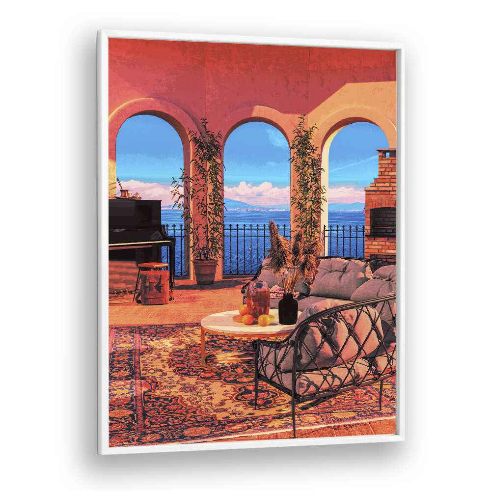 Vibrant "PIANO TERRACE, SURREAL ART PRINTS" by Cosmo Zach enhances any space with enchanting surrealism.