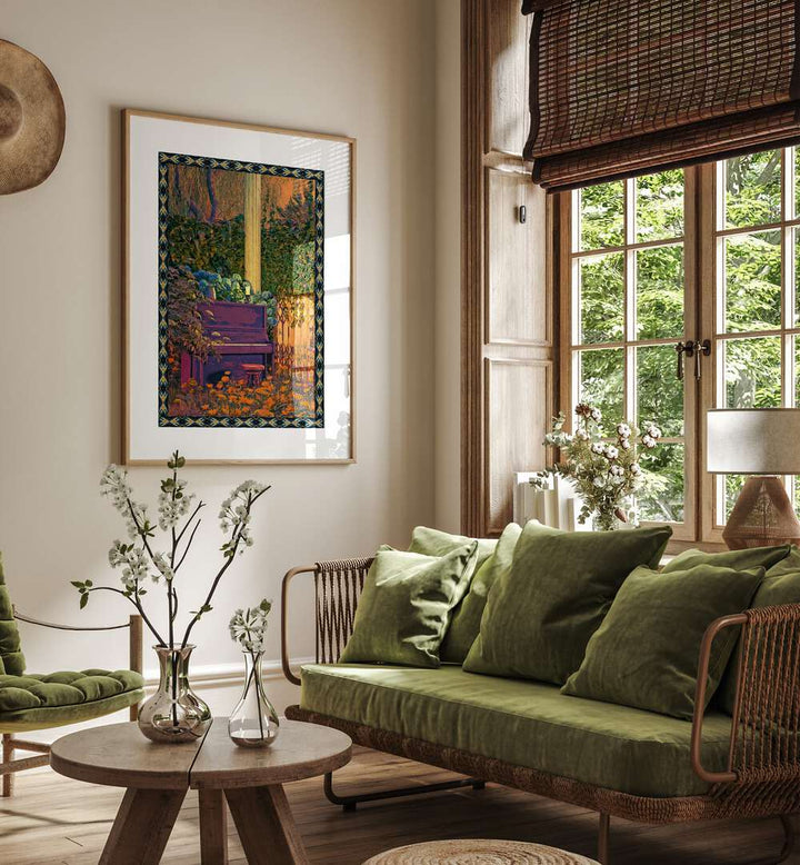 Surreal art print "PIANO IN FOREST" by Cosmo Zach, perfect for adding a unique touch to your home decor.