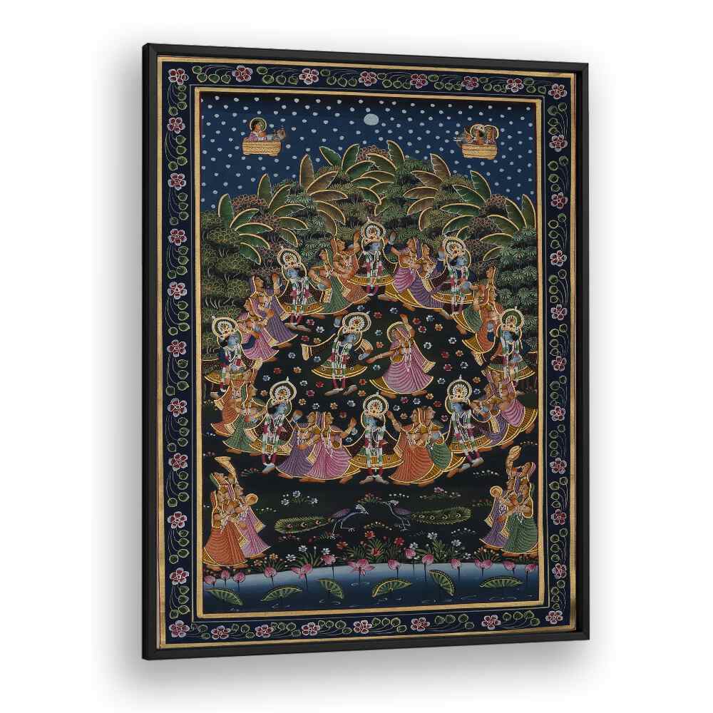 Vibrant PICHWAI PAINTINGS VIII, INDIAN ART PAINTINGS showcase Rajasthan's artistic heritage in a stunning black frame.