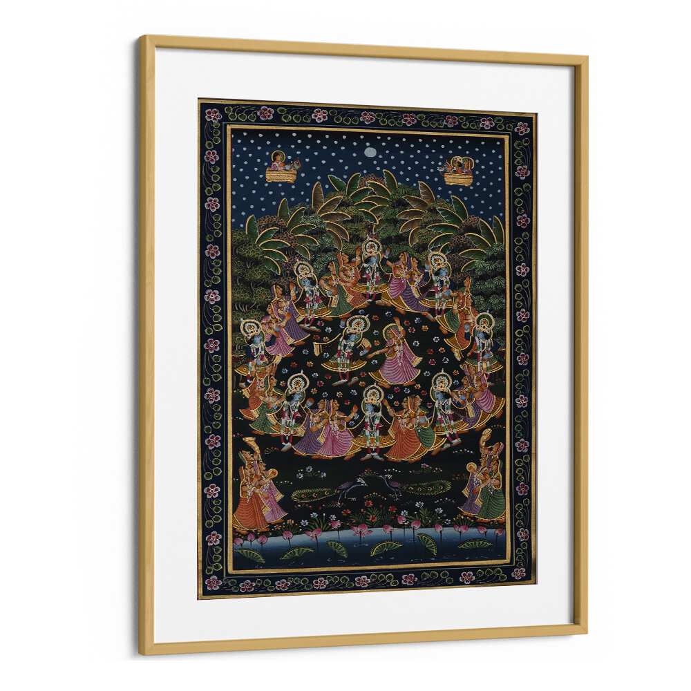 Vibrant PICHWAI PAINTINGS VIII, INDIAN ART PAINTINGS framed in oak wood, showcasing Rajasthan's artistic heritage.