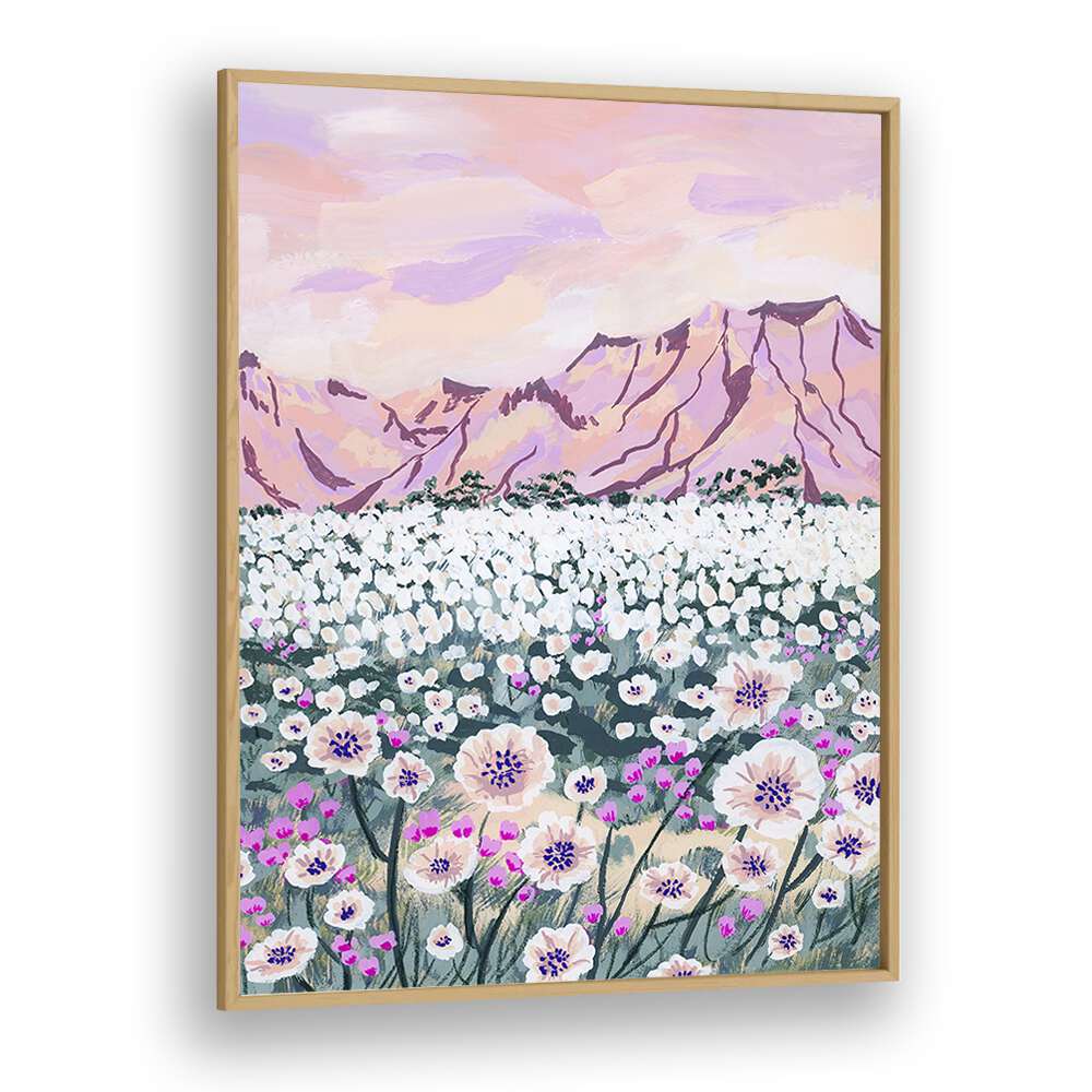 Vibrant PINK DESERT, LANDSCAPE PAINTINGS by Sarah Gesek, featuring stunning mountains and blooming flowers in a framed print.