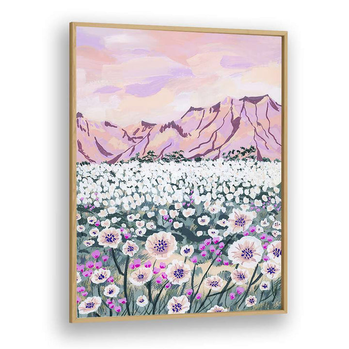 Vibrant PINK DESERT, LANDSCAPE PAINTINGS by Sarah Gesek, featuring stunning mountains and blooming flowers in a framed print.
