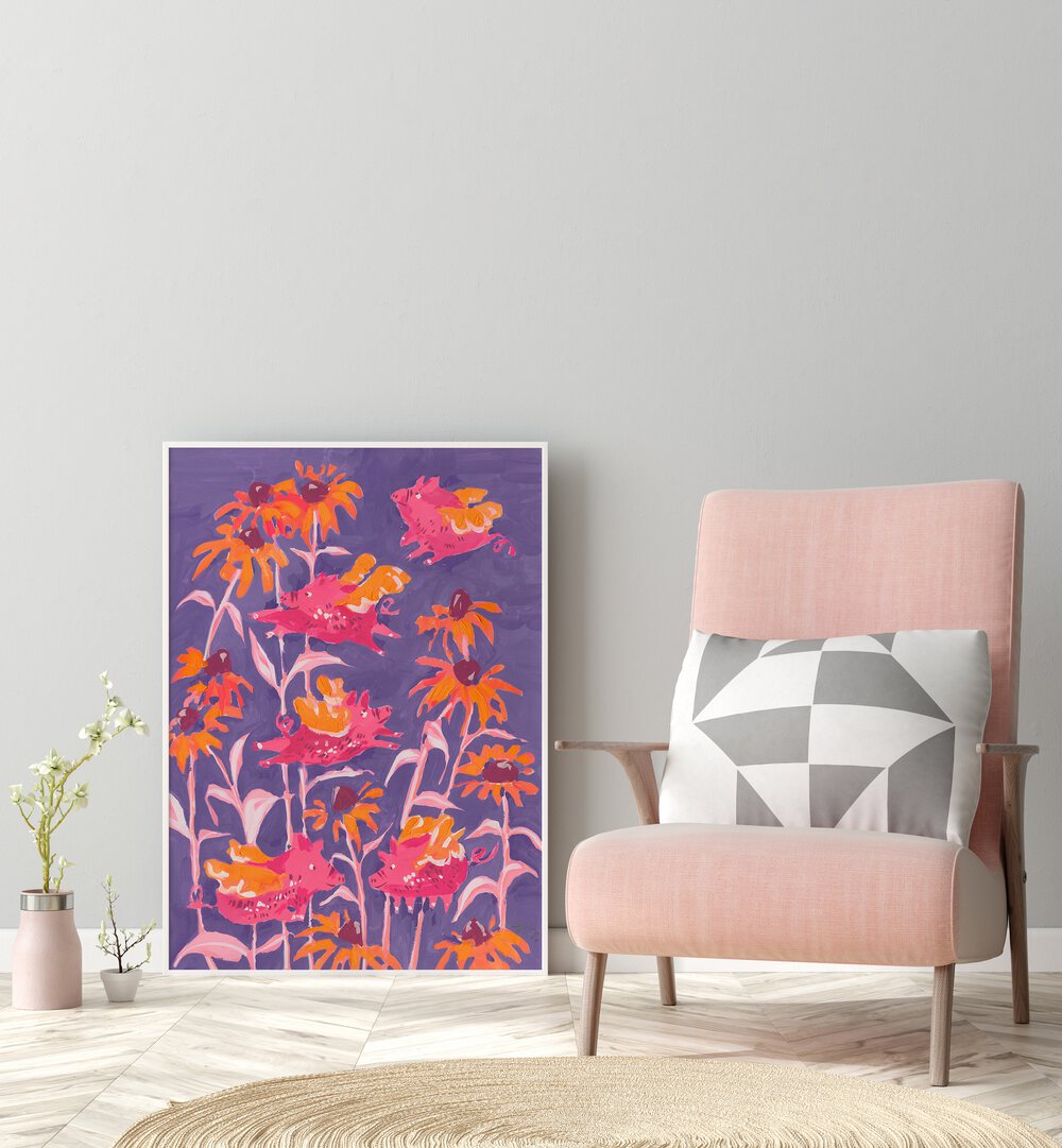 Pink Flying Piglets By Ania Zwara Botanical Art Prints Floral Paintings in White Plain Frame placed on the floor near a Grey Colored Wall in the Drawing Room