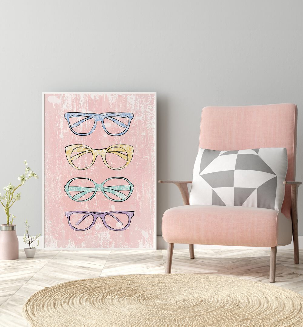 Stylish PINK GLASSES showcased in Martina's FASHION POSTERS, perfect for modern art lovers and fashion enthusiasts.