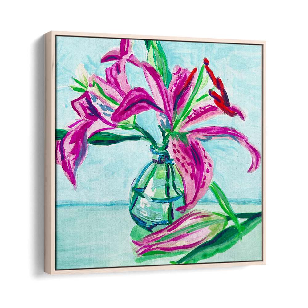 Vibrant pink lilies in a vase, showcasing Key and Sea Creative's PINK LILIES, FLORAL FLOWER PAINTINGS for a serene decor.