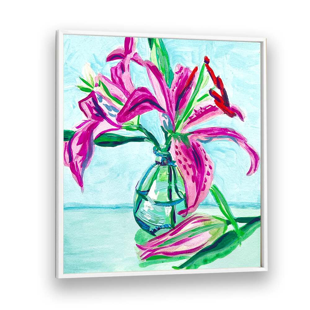 Delicate PINK LILIES in a serene vase, showcasing stunning FLORAL FLOWER PAINTINGS by Key and Sea Creative.