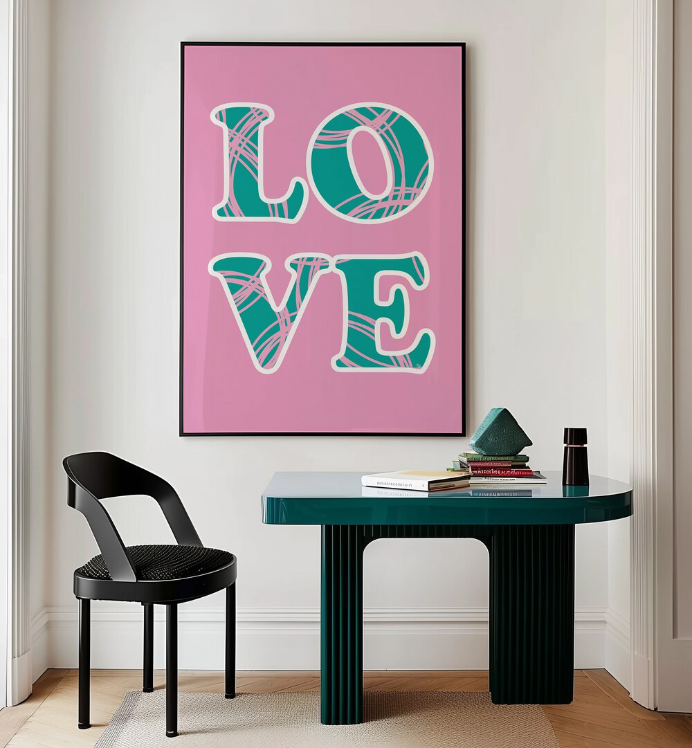 Bright pink PINK LOVE, FASHION POSTERS by Martina adds style and femininity to any interior space decor.