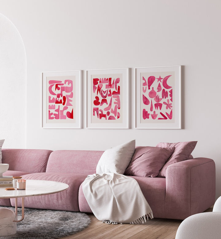 Transform your space with the PINK PUZZLES SET, SET OF 3 PAINTINGS, featuring elegant abstract designs.