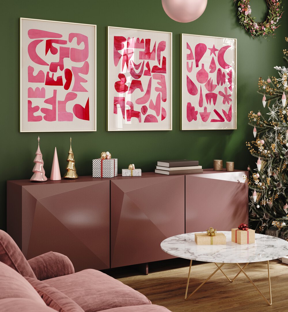 Elevate your space with the PINK PUZZLES SET, SET OF 3 PAINTINGS, showcasing elegant abstract designs.