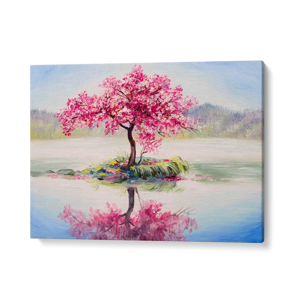 Elegant PINK REFLECTIONS, VINTAGE EUROPEAN PAINTINGS showcasing a serene pink tree reflecting on tranquil waters.